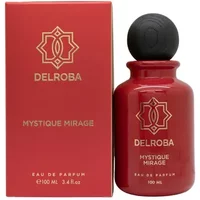 Red Delroba Mystique Mirage Eau De Parfum 100ml bottle with black cap, gold logo, and matching red box.