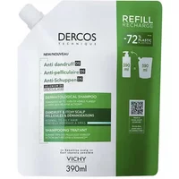 Dercos Anti-dandruff Shampoo Ecorefill 390ml, white pouch with green label and black text by Vichy.