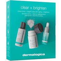 Teal box with Dermalogica Clear and Brighten Kit, includes cleanser, exfoliant, and serum bottles.