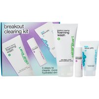 Dermalogica Clear Start Breakout Clearing Kit with foaming wash, clearing booster, and hydrating jelly in white tubes.