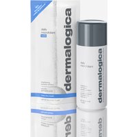 Dermalogica Daily Microfoliant 74g bottle with gray cap and matching refill box, white with blue accents.