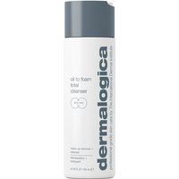 White Dermalogica cleanser bottle with gray cap, bold vertical logo, and product details in gray text.