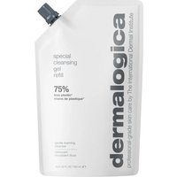 White Dermalogica cleansing gel refill pouch with gray cap and bold black text, suitable for all skin types.