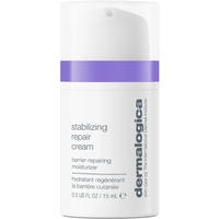 White Dermalogica Stabilizing Repair Cream bottle with purple band and pump dispenser, 15ml size.