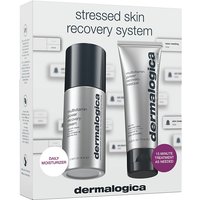 Dermalogica kit with silver moisturizer bottle and treatment tube, labeled "stressed skin recovery system."