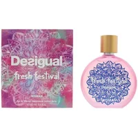 Desigual Fresh Festival Woman Eau De Toilette 100ml, pink round bottle with blue mandala design, gold cap, colorful box.