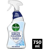 Dettol Antibacterial Surface Cleanser Spray 750ml, white bottle with blue label, spray nozzle, kills 99.9% of germs.