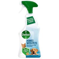 Dettol Homes With Pets Fresh Breeze spray 750ml, green nozzle, pet images on label, for cleaning surfaces.