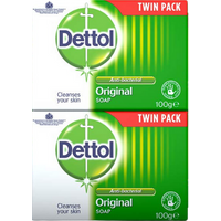Dettol Original Antibacterial Hand Soap Twin Pack, green boxes with white cross logo, 100g each.