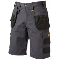 Grey Dewalt polycotton shorts with black utility pockets, belt loops, and button closure, waist size 32 inches.