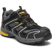 Black and gray DeWalt Cutter safety trainers with yellow accents, mesh panels, and rugged sole.