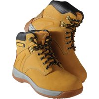 Tan DeWalt Extreme 3 Safety Work Boots with black laces, padded collar, and slip-resistant soles.