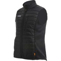 Black DeWalt Force men's padded gilet bodywarmer with front zipper, high collar, and side pockets.