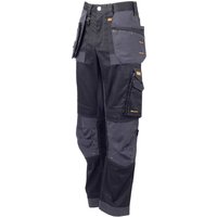 DeWalt Harrison mens stretch work trousers, black and gray with multiple pockets and reinforced knee patches.