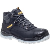 Black DeWalt Laser Safety Hiker Boots, UK 10, with gray accents, metal eyelets, and rugged gray sole.