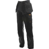 Black DeWalt Memphis mens stretch work trousers with multiple pockets and reinforced knee patches.
