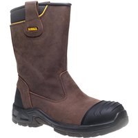Brown Dewalt Millington S3 waterproof rigger boots with black reinforced toe and heel, UK size 10, EUR size 45.