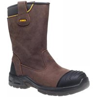 Brown Dewalt waterproof rigger boots with black reinforced toe and heel, pull-on loops, UK size 7, EUR 41.
