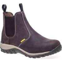 Brown Dewalt RADIALBROWN safety boots, slip-on style, with black elastic side panels and rugged black sole, size UK 6.