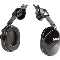 Black DeWalt clip-on ear defenders with padded ear cups and adjustable headband attachment.