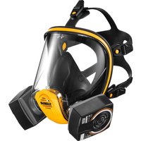 DeWalt full face mask respirator with clear visor, yellow and black design, dual filters, and adjustable head straps.