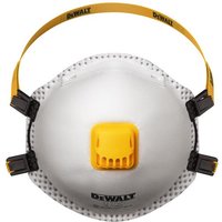 White DeWalt FFP3 disposable respirator with yellow valve, adjustable straps, and black clips, pack of 5.