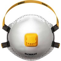 White DeWalt FFP3 respirator mask with yellow valve, adjustable straps, and black clips.
