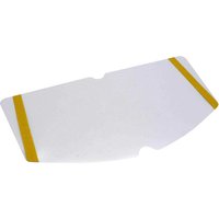 Clear DeWalt PAPR visor protector with yellow side strips, curved rectangular shape, designed for respiratory protection.