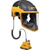 Black and yellow DeWalt powered air purifying respirator with hard hat, clear face shield, and attached hose.