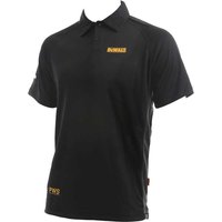 Black DeWalt Rutland men's polo shirt with yellow logo on chest and hem, short sleeves, and classic collar.