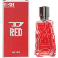 Diesel D Red Eau De Parfum 50ml with red box, clear sculpted bottle, and black cap.