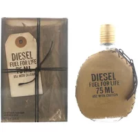 Diesel Fuel For Life Pour Homme 75ml bottle with brown canvas wrap and black string, next to boxed packaging.