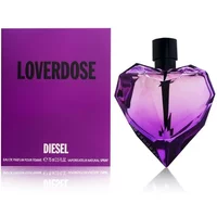 Purple heart-shaped Diesel Loverdose Eau De Parfum bottle with black cap, next to matching purple box.