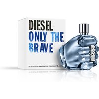 Diesel Only the Brave Eau De Toilette 125ml, fist-shaped blue glass bottle with silver cap, next to branded box.
