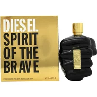 Black fist-shaped Diesel Spirit Of The Brave Eau De Toilette bottle with gold cap, next to gold and black box.