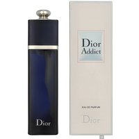 Dark blue rectangular Dior Addict perfume bottle with silver cap, next to white box with blue and silver accents.