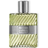 Clear glass bottle of Dior Eau Sauvage Eau de Toilette with textured silver cap and band, 100ml.