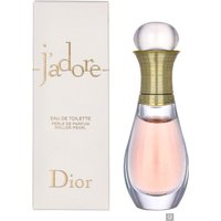 Dior J'Adore Eau de Toilette Roller Pearl 20ml with gold cap and clear bottle, next to white packaging.