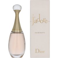 Elegant Dior J'Adore Eau de Toilette 50ml with a curved glass bottle and gold cap, next to a beige branded box.