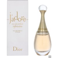 Dior J'Adore Infinissime Eau de Parfum 50ml, elegant gold-capped bottle with clear base, next to white box.