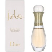 Dior J'Adore Roller-Pearl Eau de Parfum 20ml, clear bottle with gold accents and pearl-like cap, next to white box.