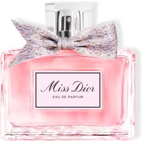 Pink glass bottle of Miss Dior Eau De Parfum 50ml with silver bow and metallic cap.