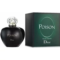Black DIOR Poison Eau De Toilette bottle with silver cap, next to green and black box.