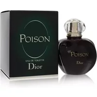 Dark purple DIOR Poison Eau De Toilette bottle with silver cap, next to black box with green accents.
