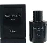 Black DIOR Sauvage Elixir 60ml bottle with cylindrical cap next to matching black box with silver text.