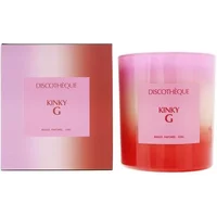 Discotheque Kinky G Candle 220g, pink and red gradient glass jar with matching pink box, elegant and vibrant design.