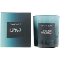 Blue glass candle with "Le Baron De Paris Tokyo" label, matching blue box with white text.