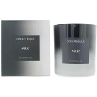 Discotheque Milk! Candle 220g in a frosted glass jar with black label, next to matching black and silver box.