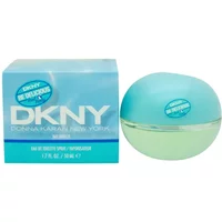 DKNY Be Delicious Bay Breeze Eau De Toilette 50ml, round turquoise bottle with silver cap, matching blue box.