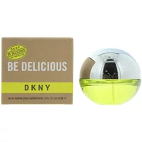 DKNY Be Delicious Eau De Parfum 30ml, apple-shaped bottle with silver top and green base, next to brown box.